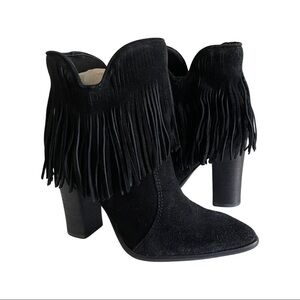 Antonio Melani Felixxe Black Suede Fringe Ankle Boots 6M Pointed Toe Block Heel